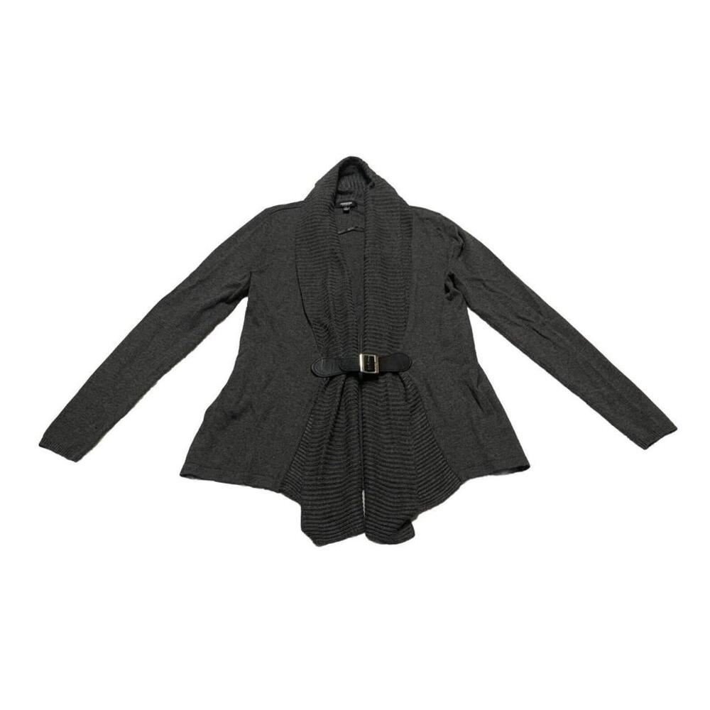 Premise Studio Women’s Small Gray Soft Knit Cascading Open Front Buckle Sweater